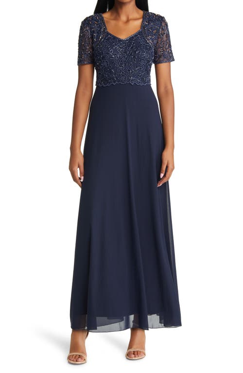 Pisarro Nights Beaded Bodice A-Line Gown - Navy