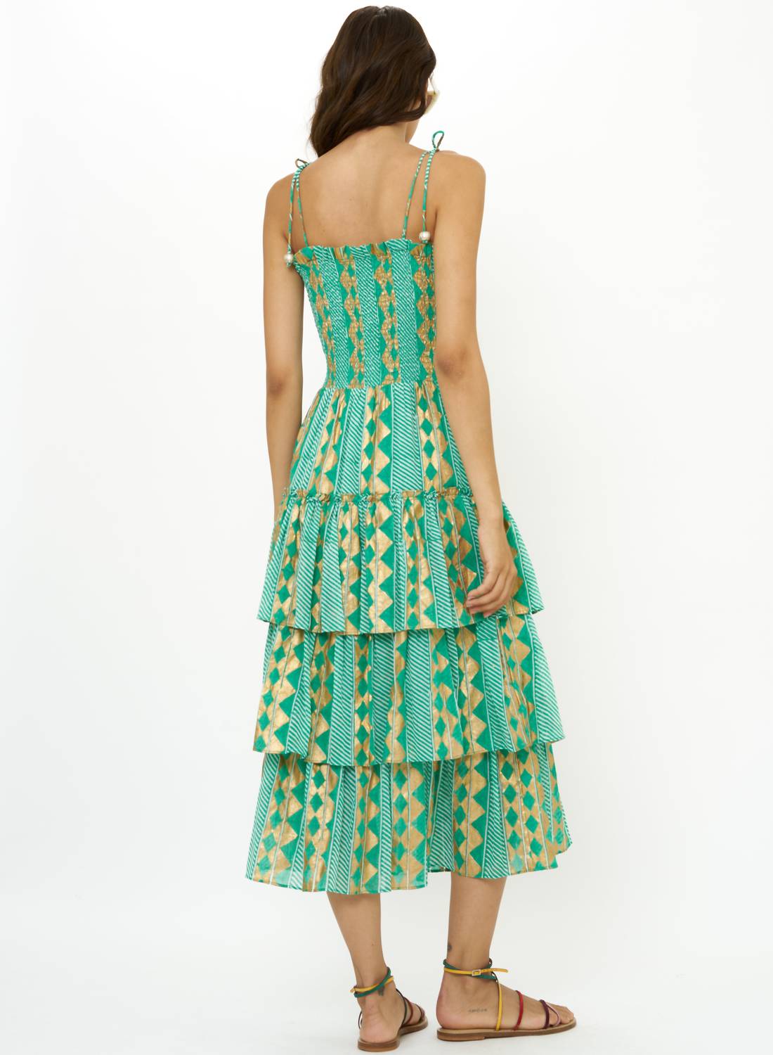 Oliphant - Smocked Tie Strap Ruffle Midi Dress