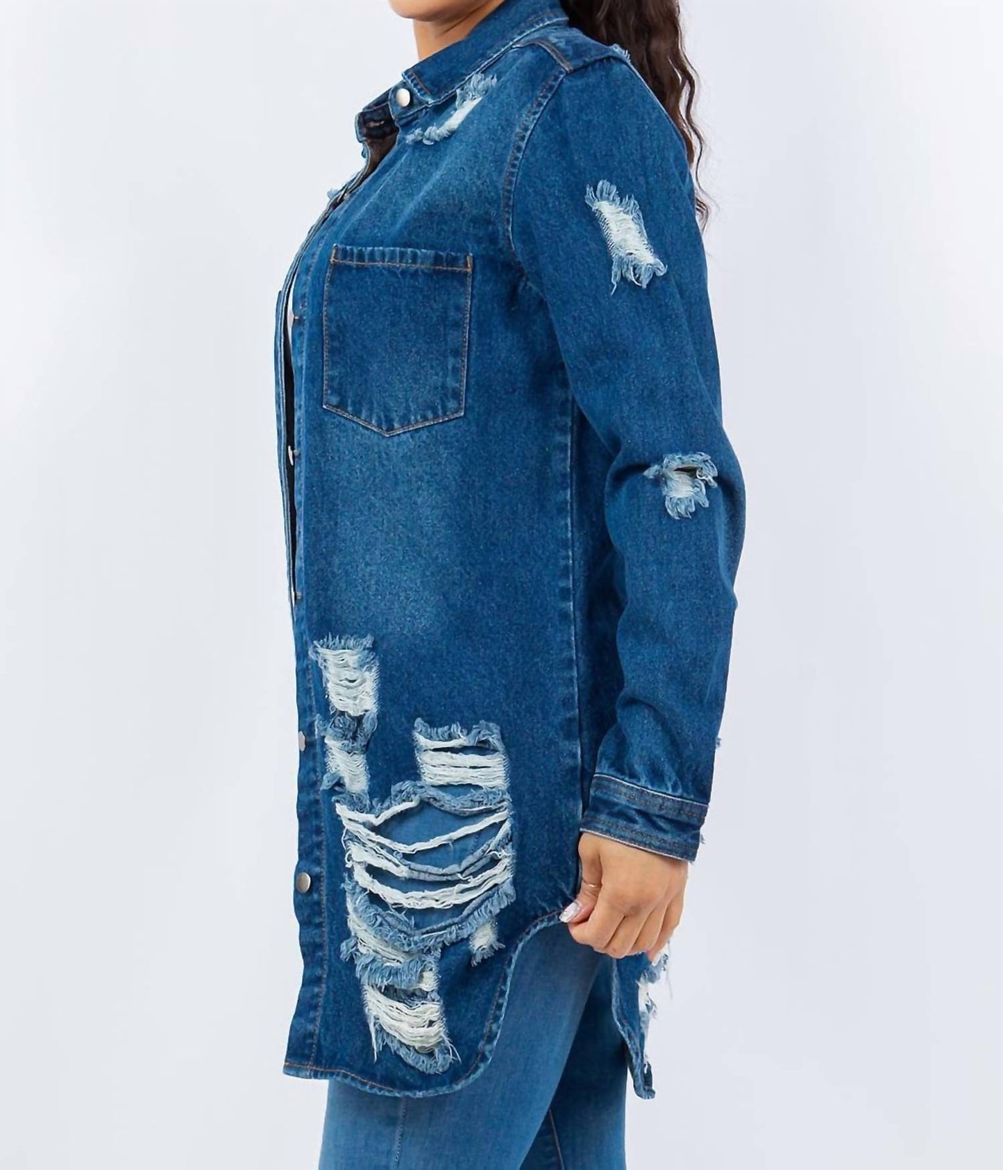 अमेरिकन बाज़ी - डिस्ट्रेस्ड बटन अप लॉन्ग स्लीव डेनिम जैकेट