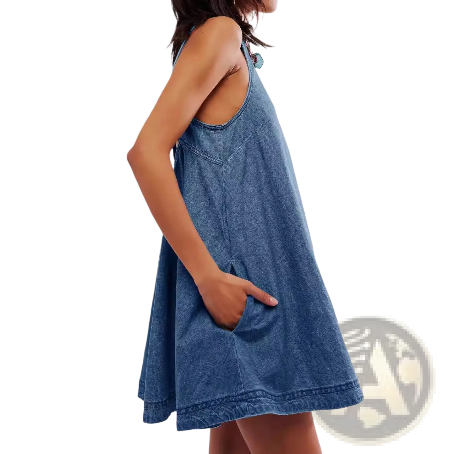 Backless Bow Accent Denim Mini Dress