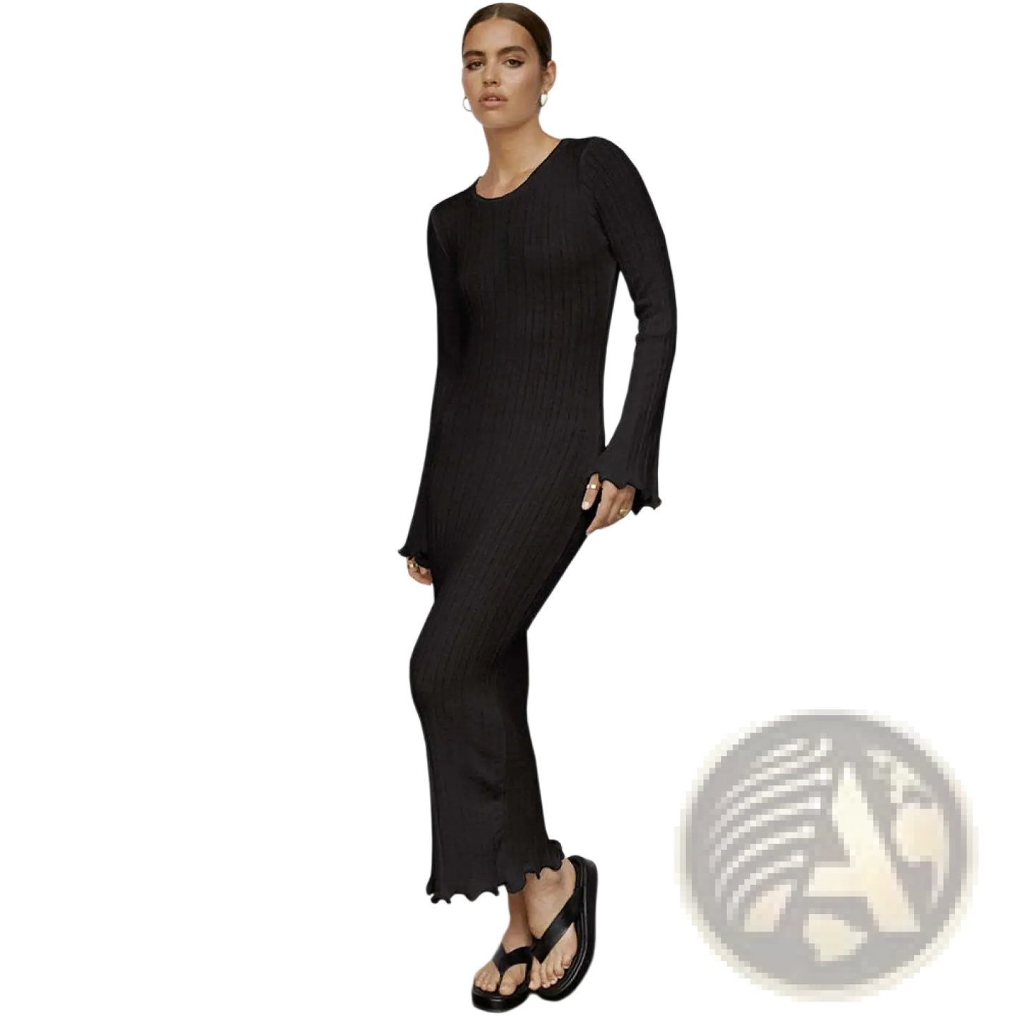 Backless Ruffled Ribbed Knit Bodycon Maxi Dress