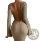 Backless Ruffled Ribbed Knit Bodycon Maxi Dress