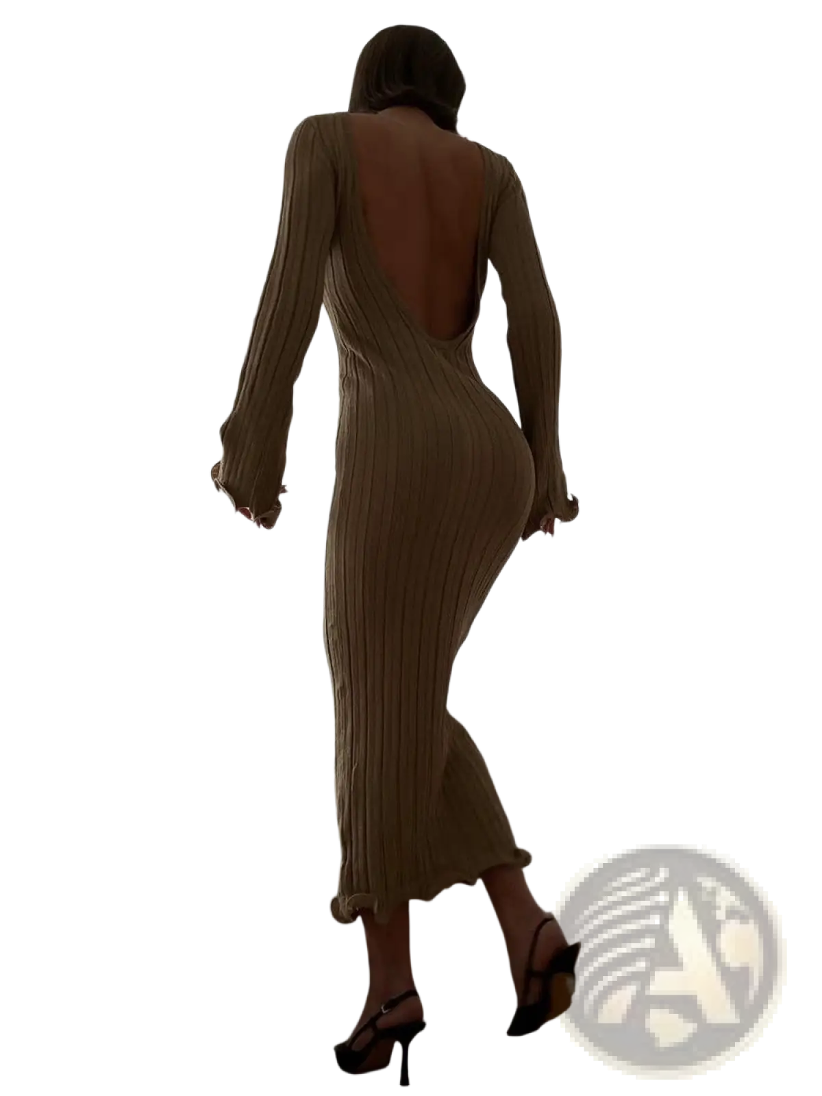 Backless Ruffled Ribbed Knit Bodycon Maxi Dress