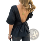 Backless Short Sleeve Tie Back Cotton Blouse