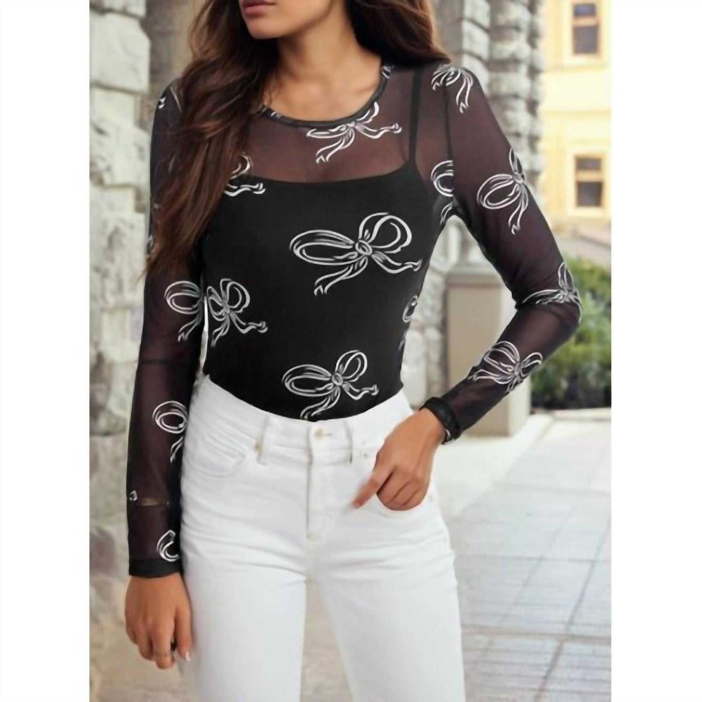 1 The Woman - Bow Mesh Long Sleeve Top