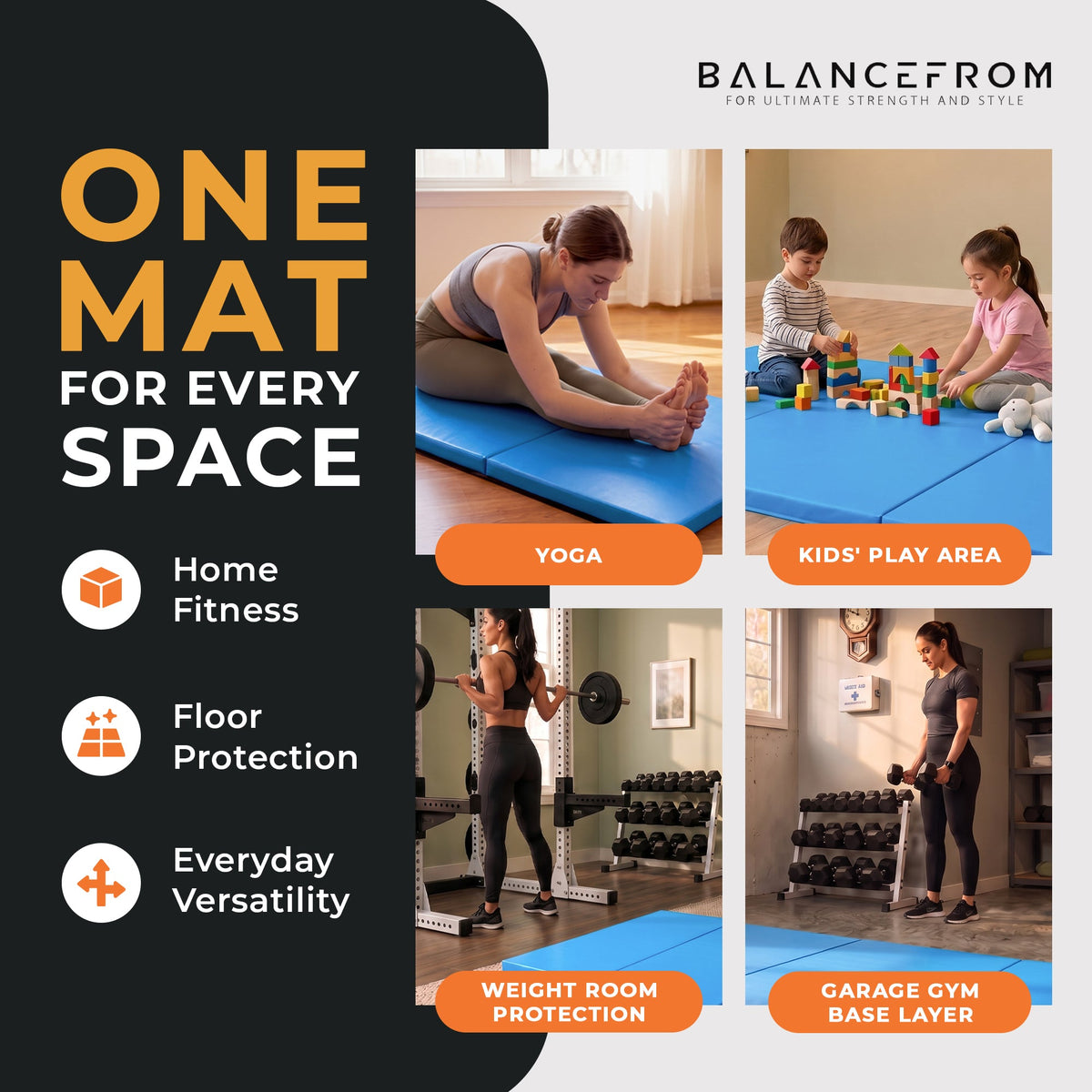 BalanceFrom Fitness GoGym 6x2ft Folding Exercise Mat with Handles, Blue (2 Pack)