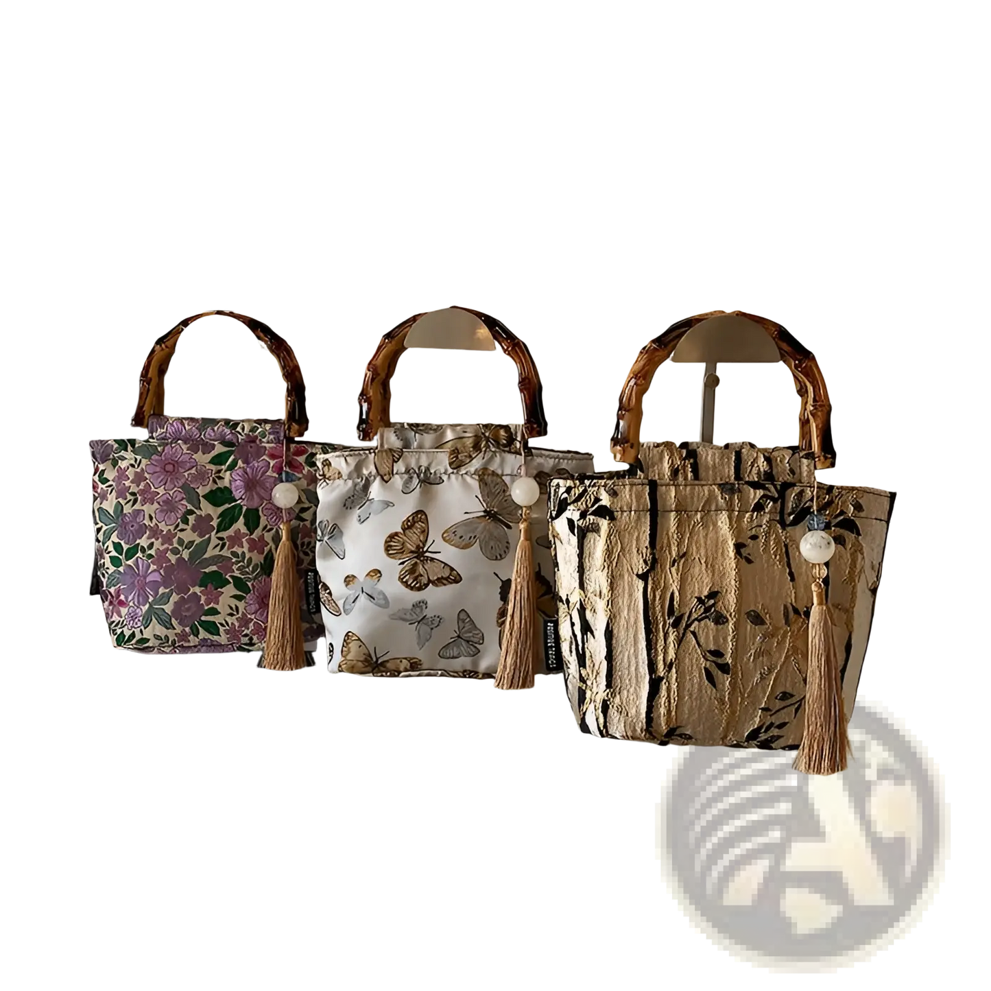 Bamboo Handbag with Tassel and Forest Pattern Canvas