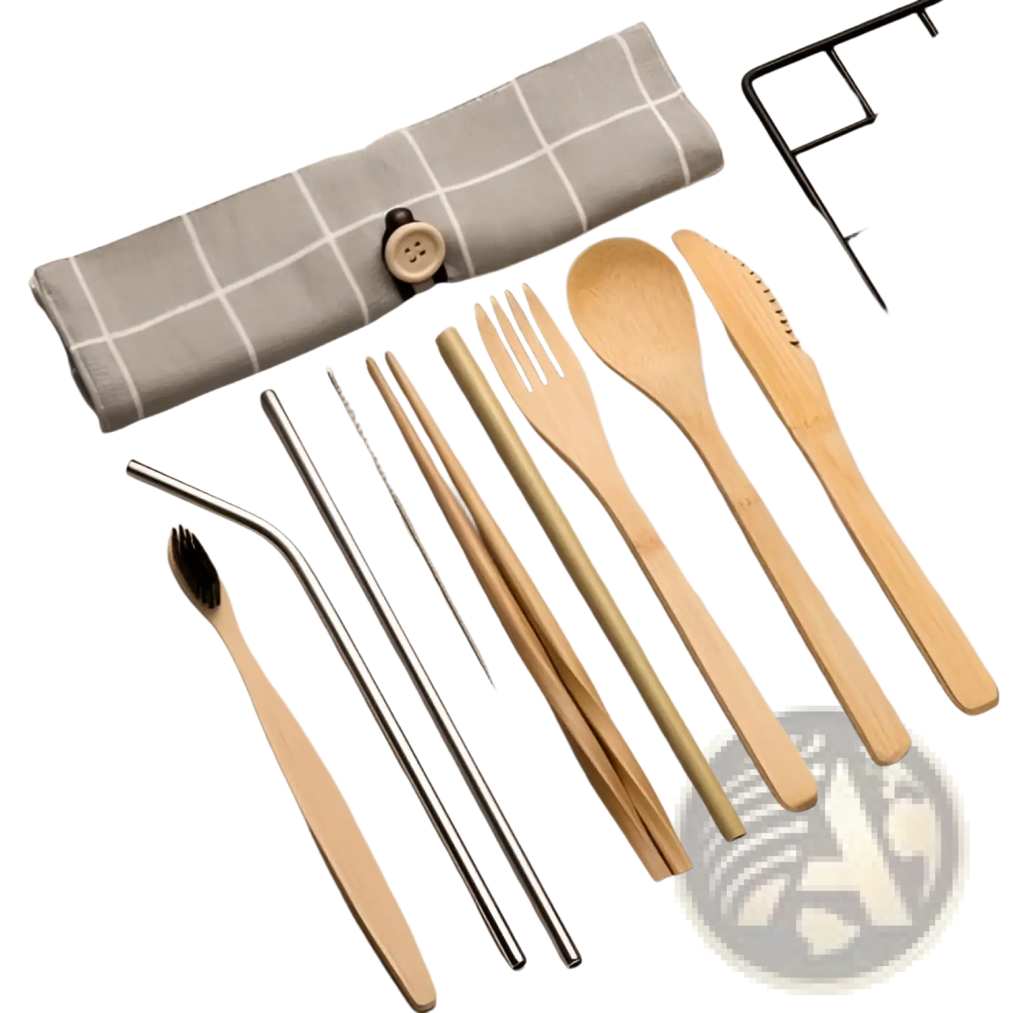 Bamboo Utensil Set with Checkered Travel Roll Case