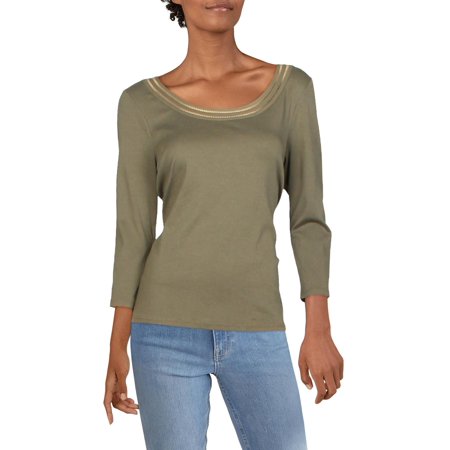 Lauren Ralph Lauren Womens Ersilla Lace-Trim Elbow Sleeves Top Green L