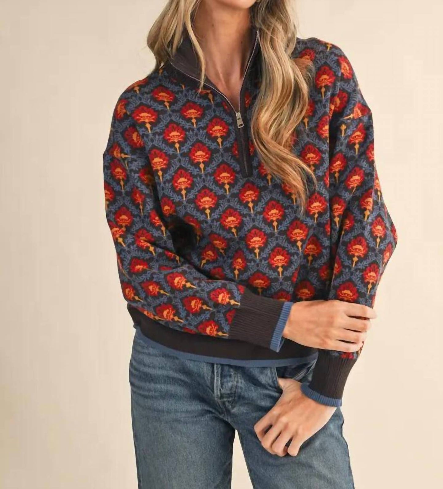 &Merci - Floral Mock Neck Half Zip Pullover