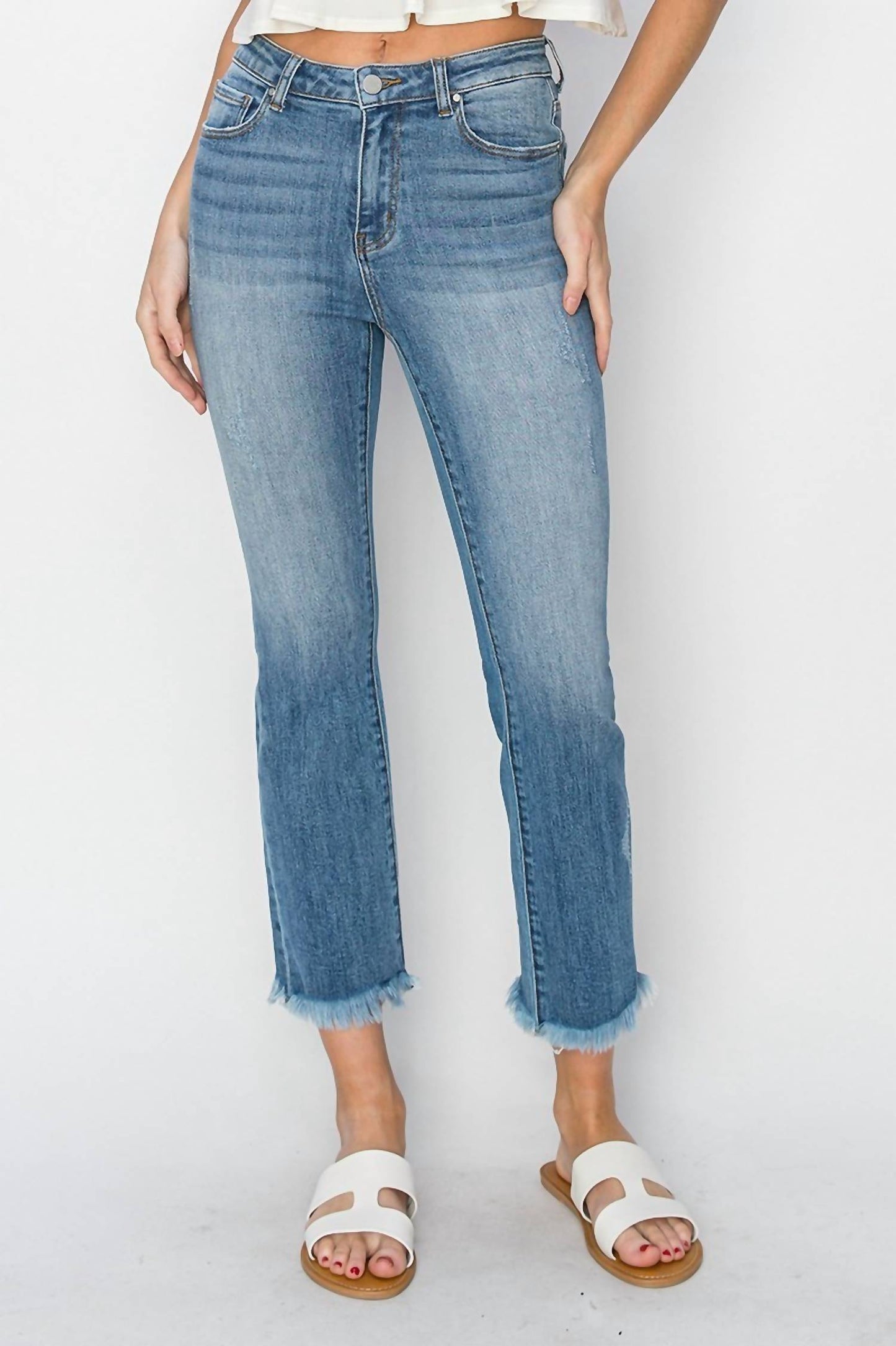 Risen - Mid-Rise Raw Hem Straight Jeans