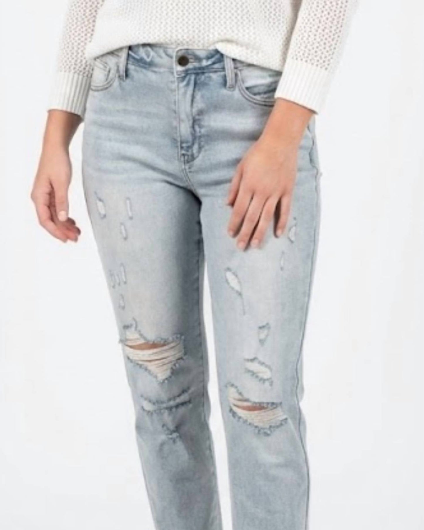 Judy Blue - Tatum Mid Rise Repair Stitch Distressed Boyfriend Jeans
