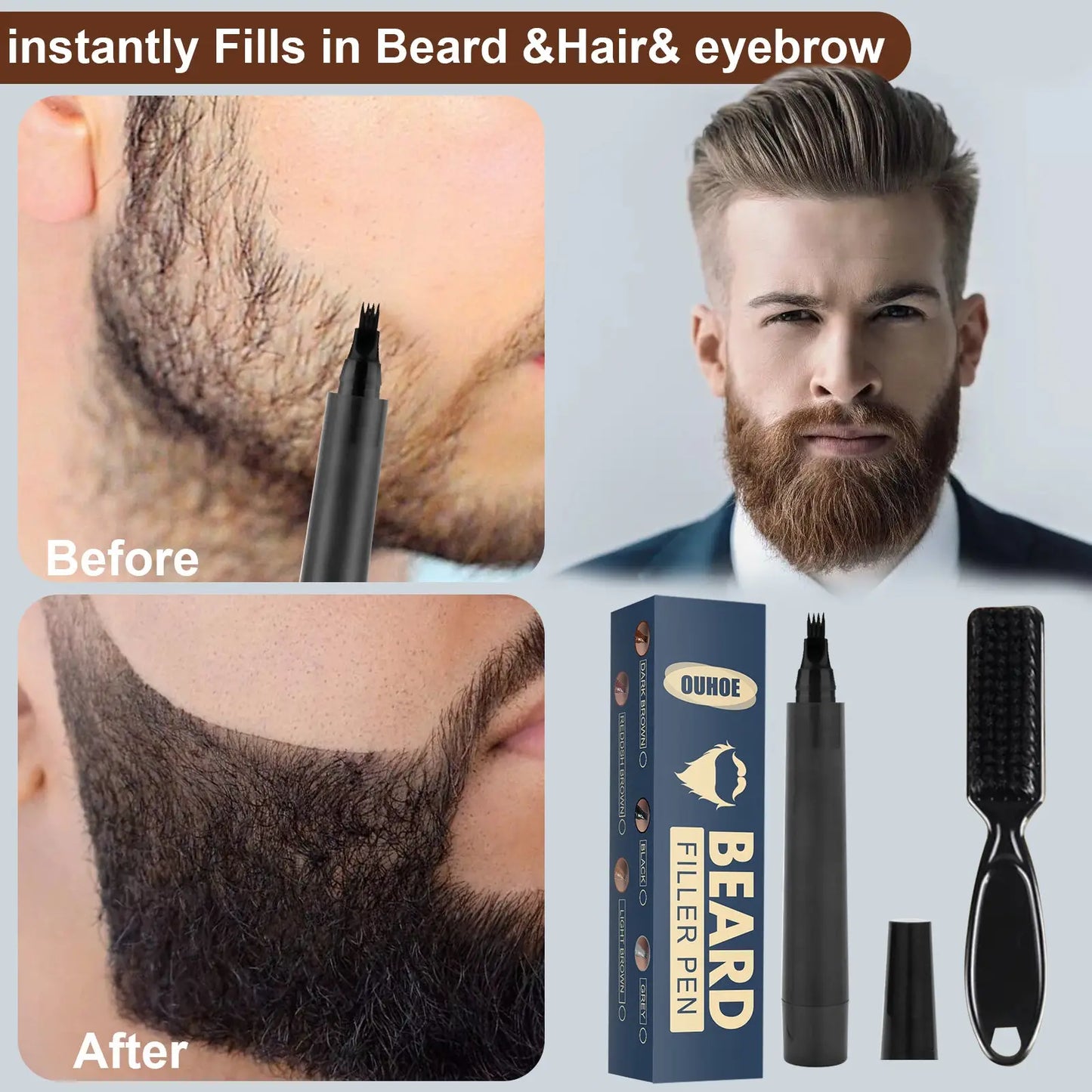 Beard Filler Pen Kit Waterproof Patchy Beard Pencil 4 Tip