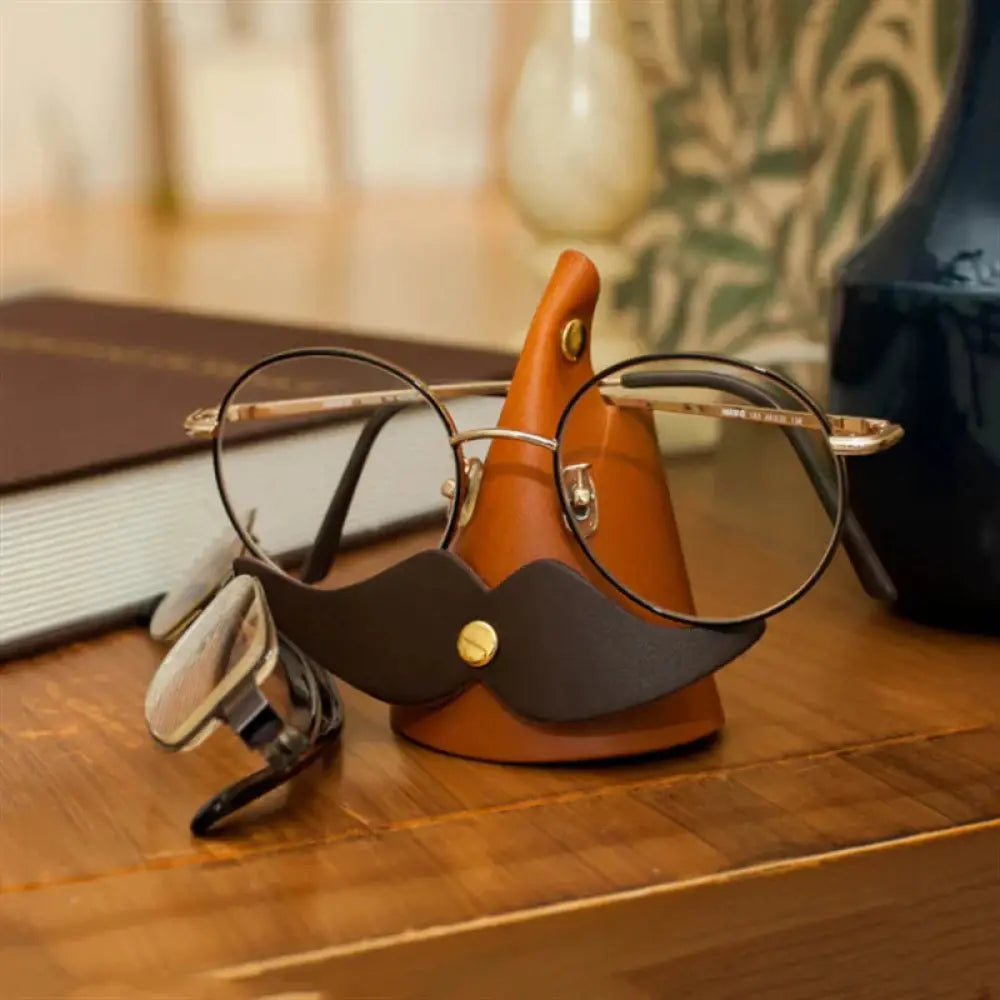 Handmade Mustache Leather Eyeglasses Holder Stand
