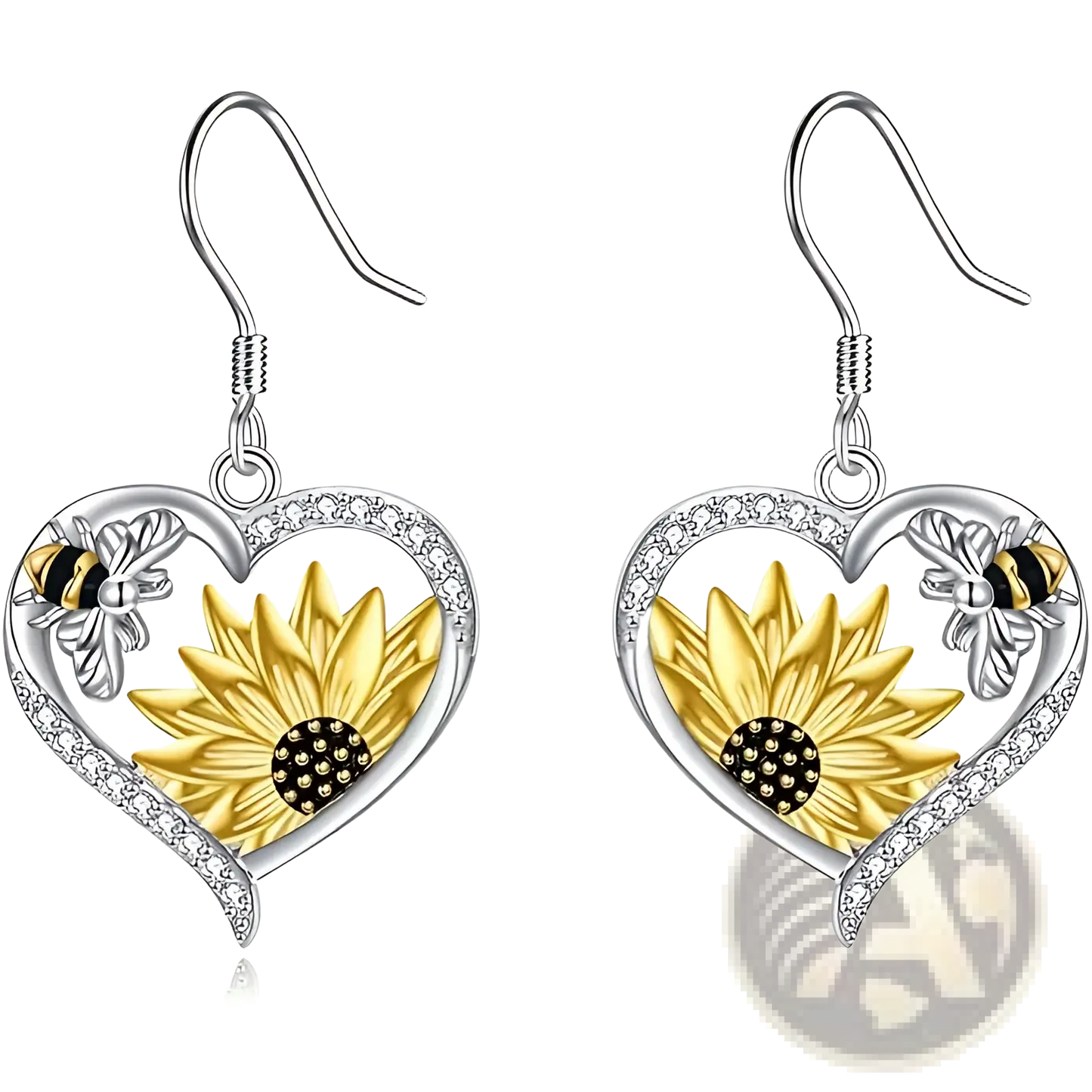 Bee and Sunflower Heart Rhinestone Silver Earrings