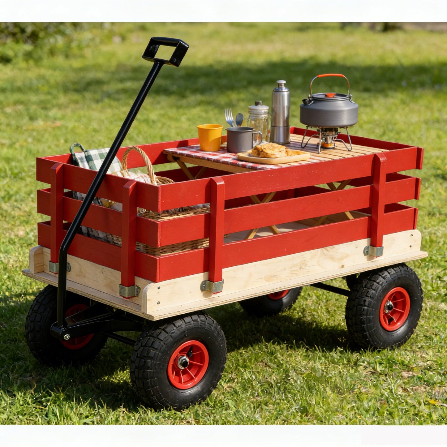 Children's and Garden Wooden Carriage with All-Terrain Inflatable Wheels