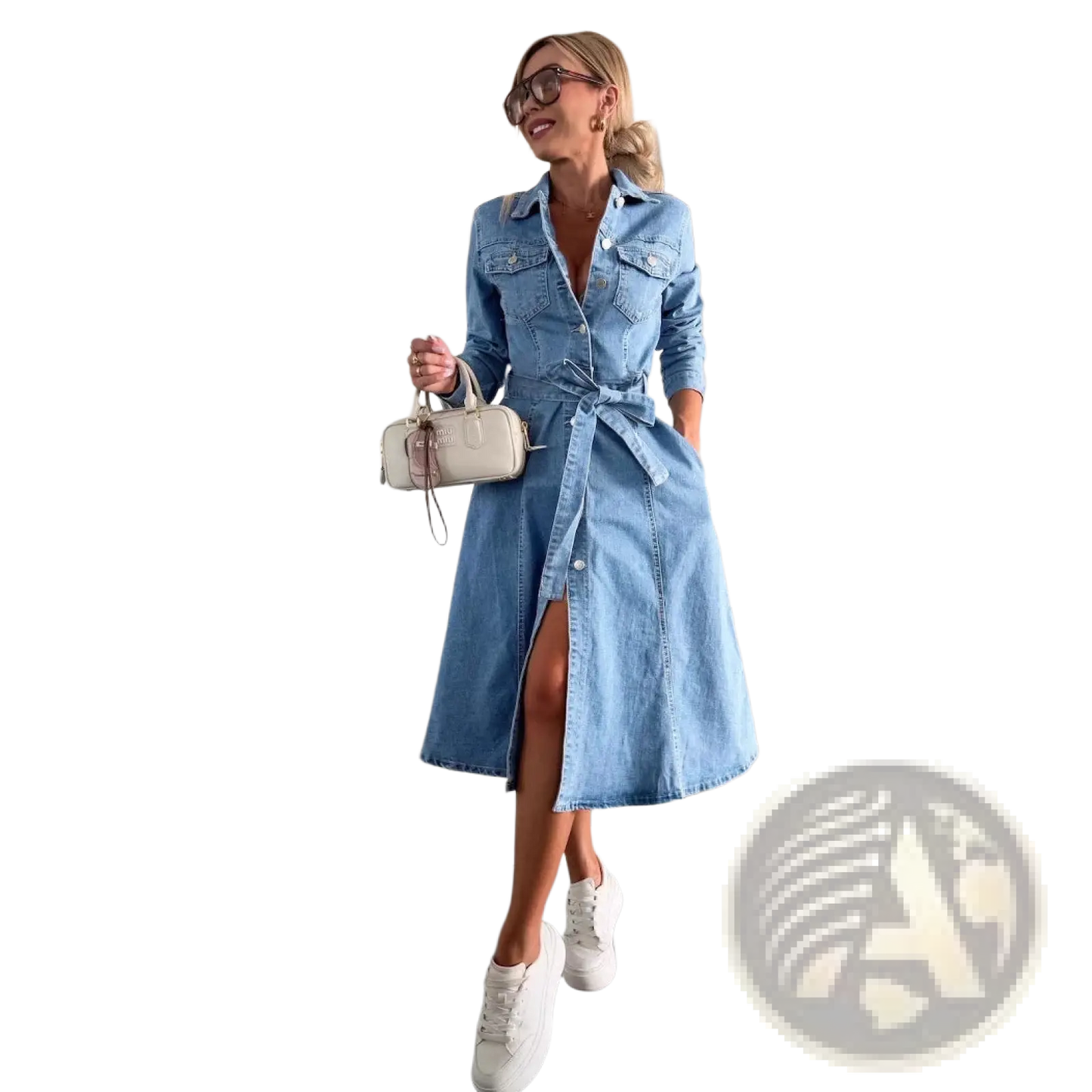 Belted Light Blue Denim Midi Shirt Dress