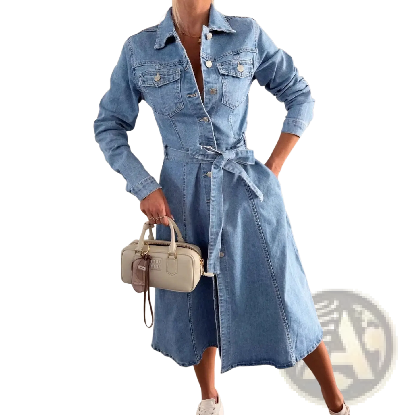 Belted Light Blue Denim Midi Shirt Dress