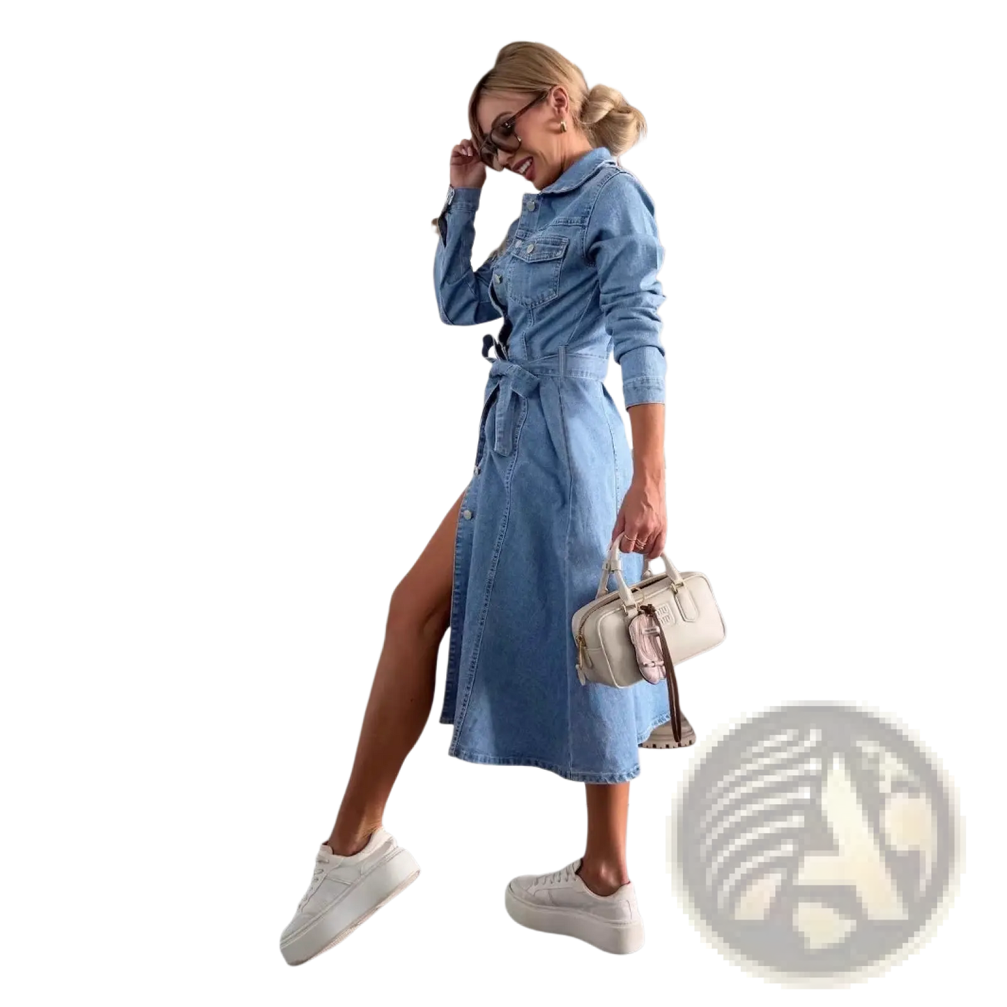 Belted Light Blue Denim Midi Shirt Dress