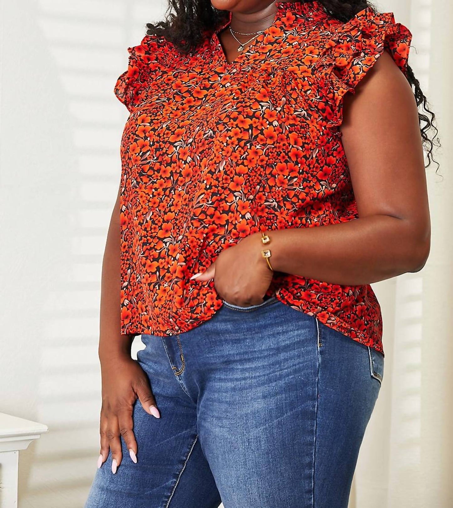Double Take - Floral Flutter Sleeve Notched Neck Blouse