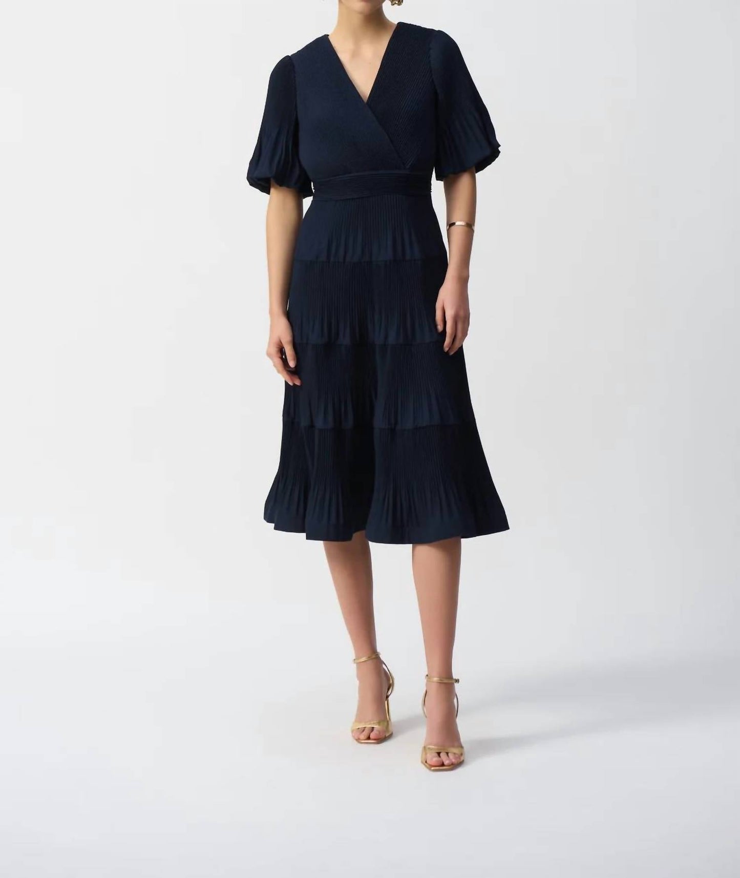 Joseph Ribkoff - V-neck Pleated Faux Wrap Midi Dress