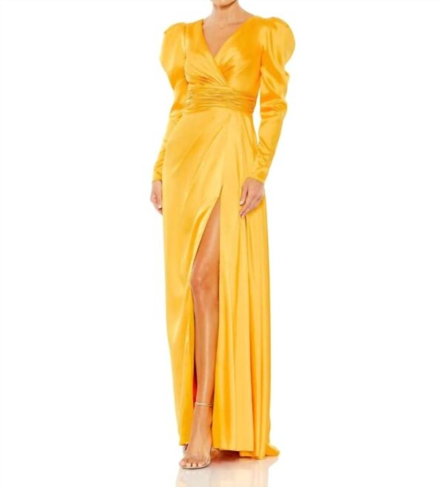Mac Duggal - V Neckline Long Puff Sleeves Maxi Column Gown