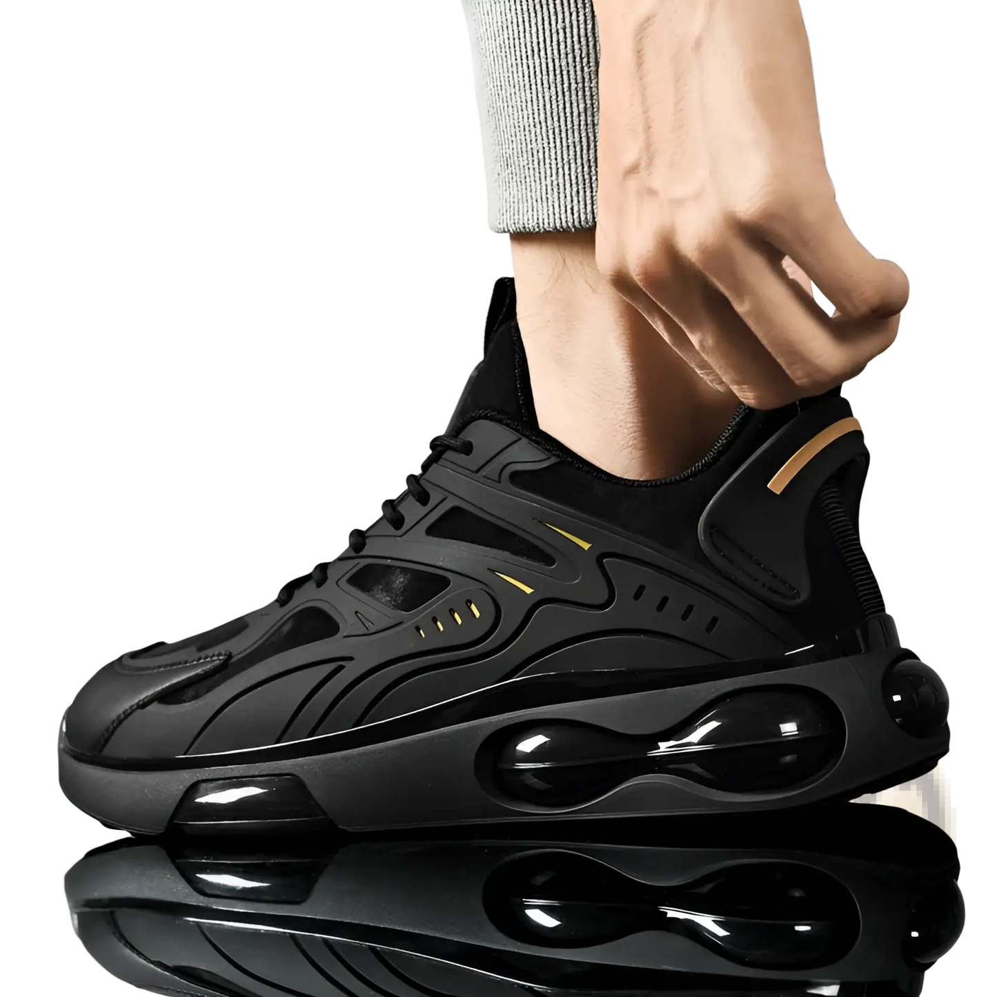 Black Breathable Mesh Sneakers with Gold Accents