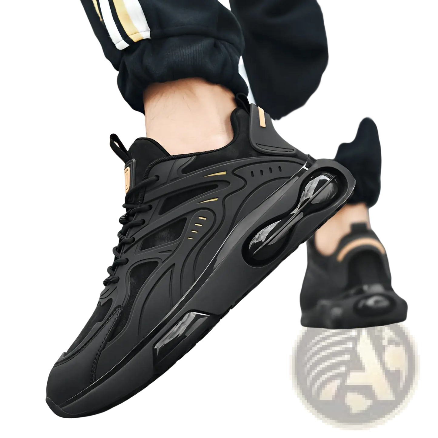 Black Breathable Mesh Sneakers with Gold Accents