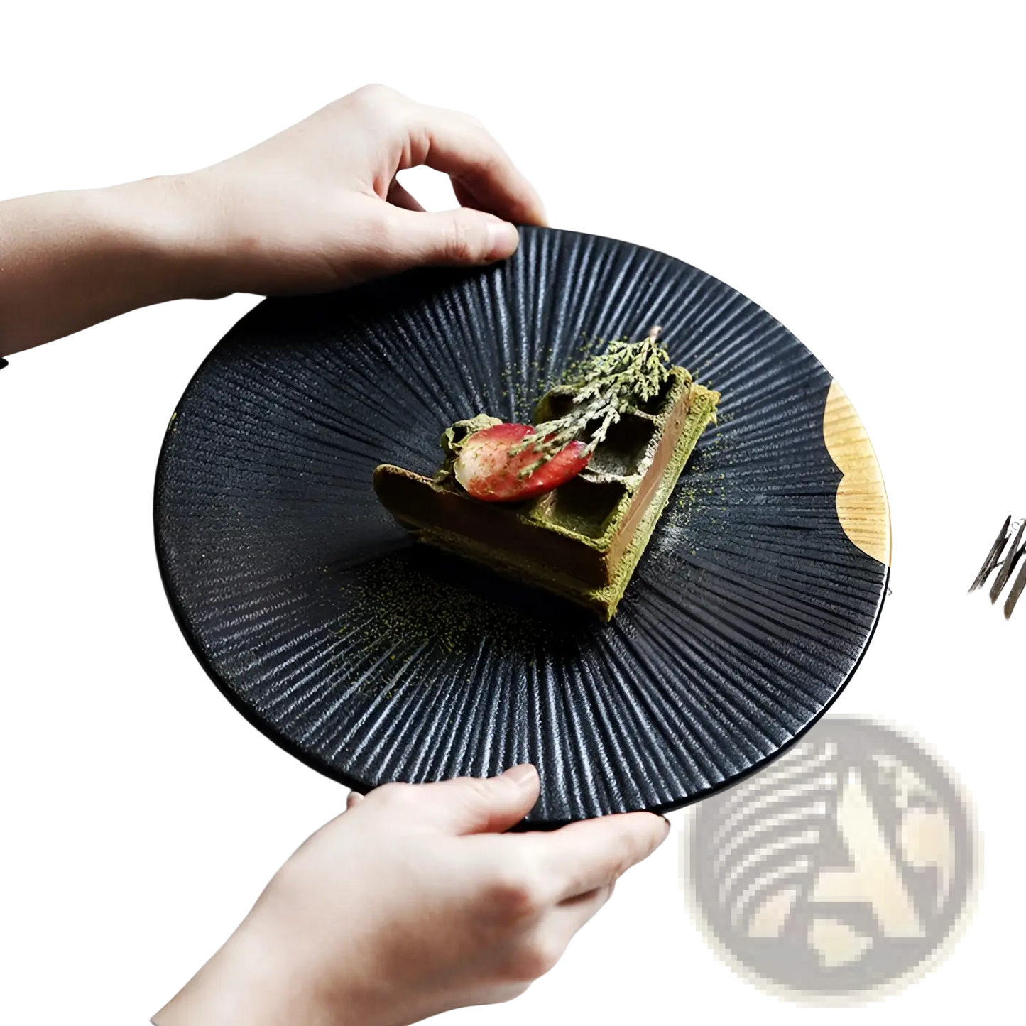 Black Ceramic Plate with Gold and Wood Rim Accents
