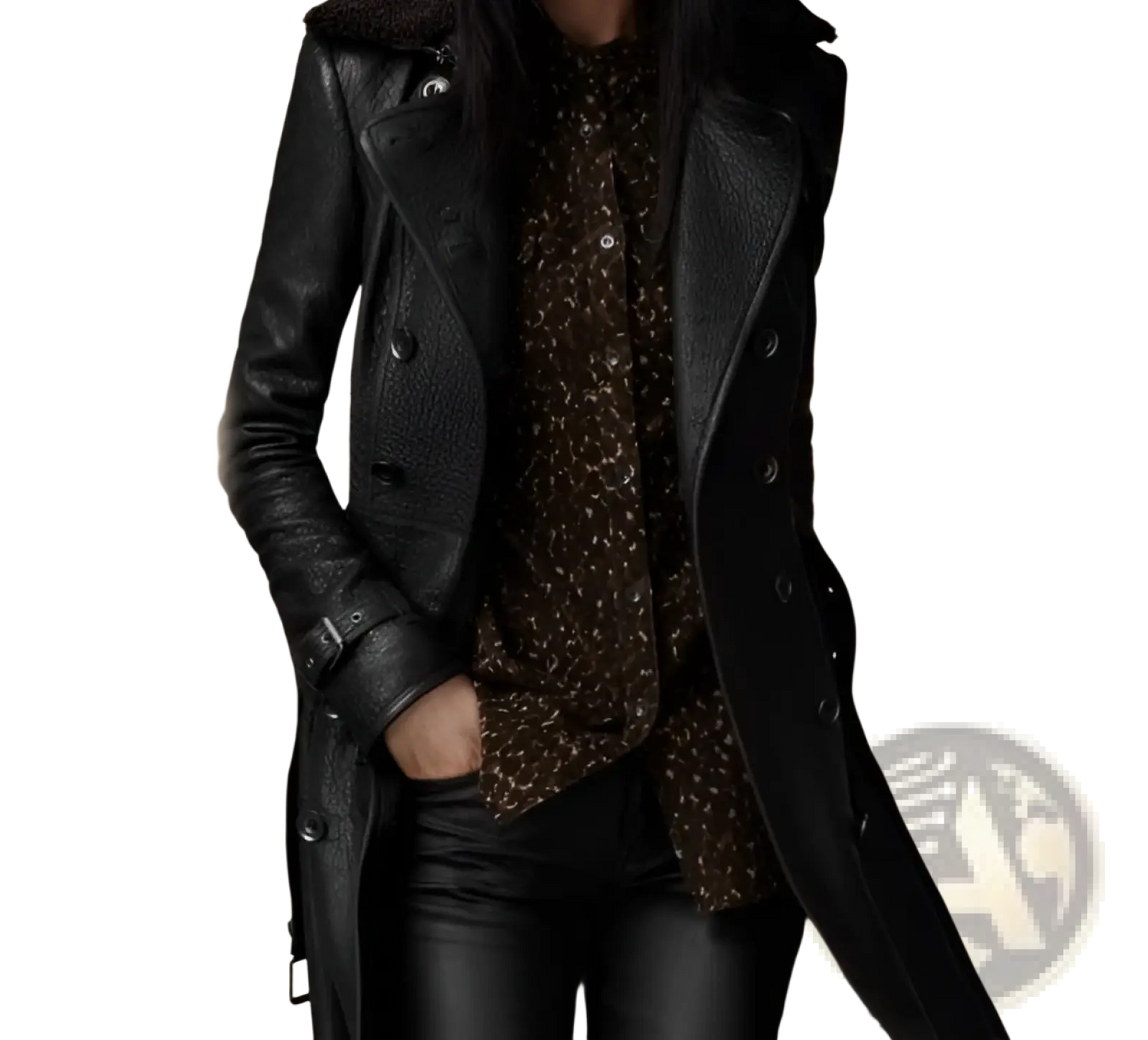 Black Faux Leather Double Breasted Trench Coat with Belt