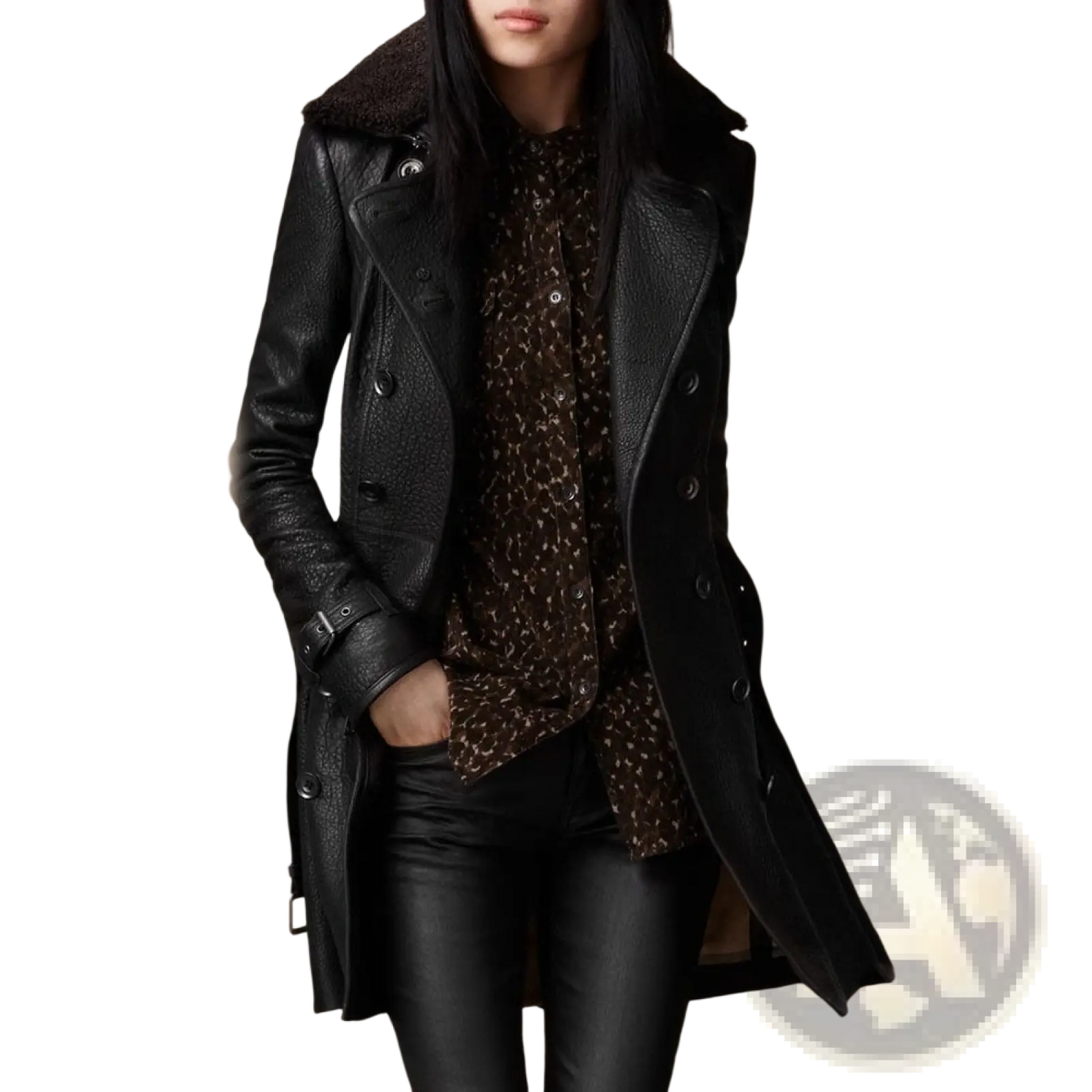 Black Faux Leather Double Breasted Trench Coat with Belt