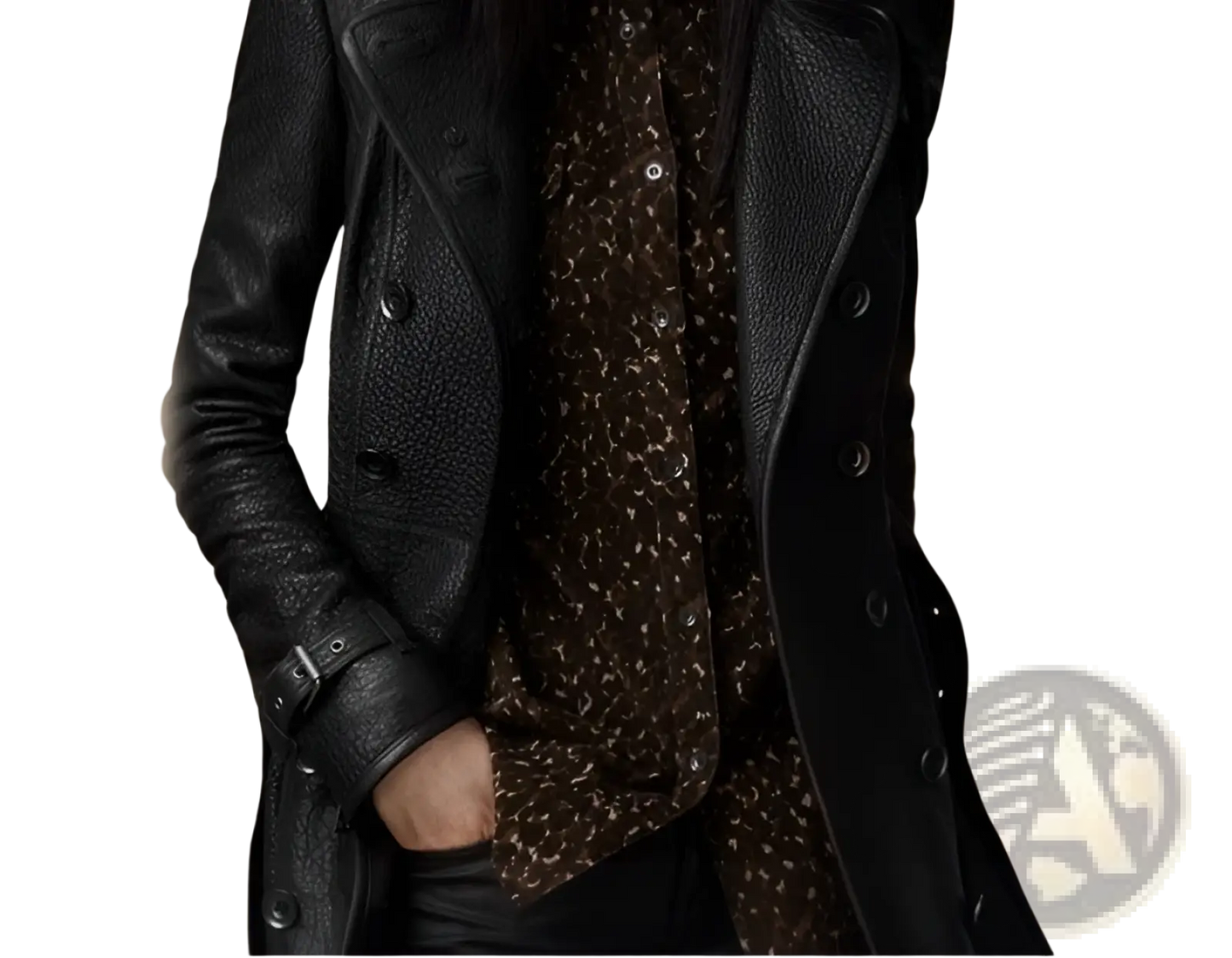 Black Faux Leather Double Breasted Trench Coat with Belt