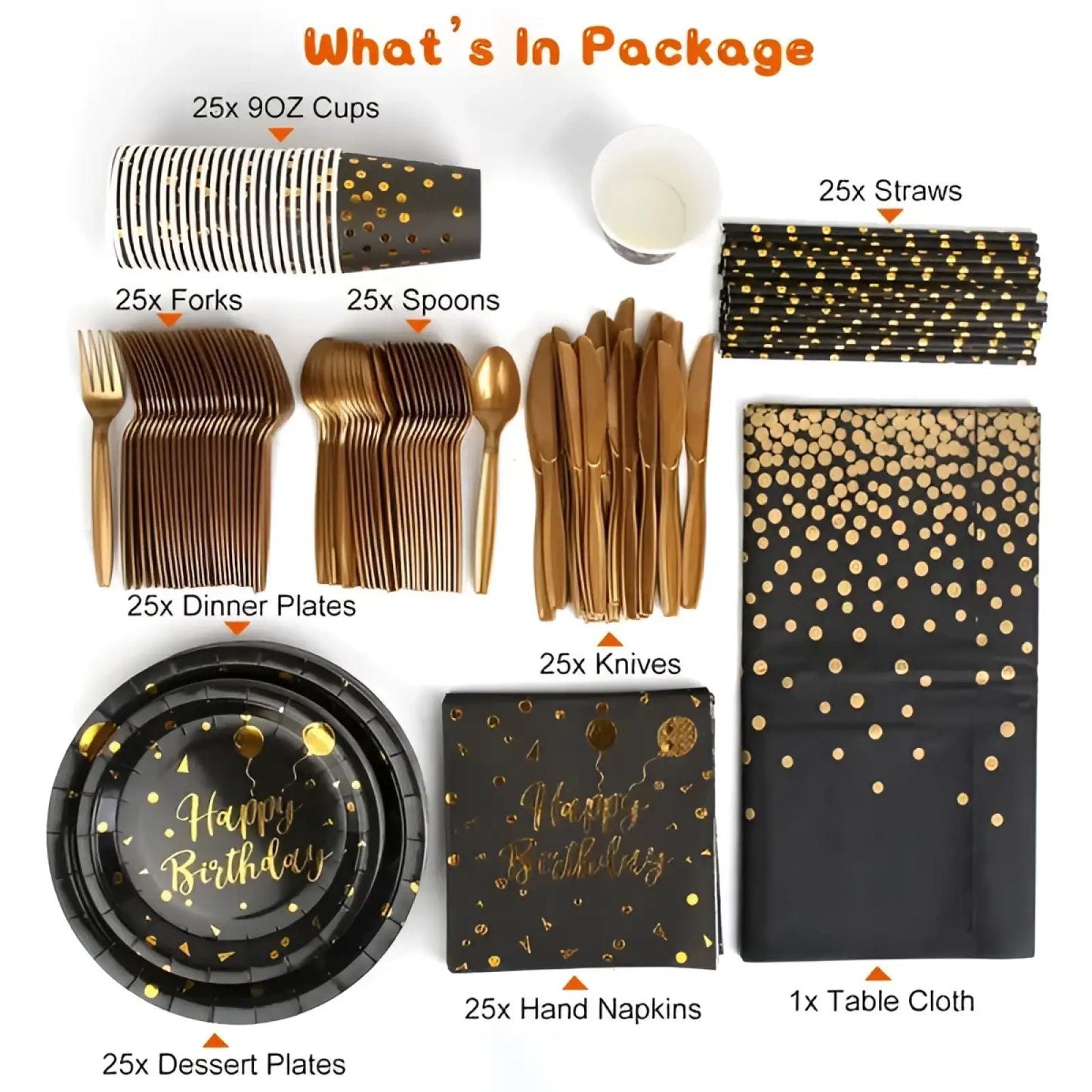 Black Gold Birthday Party Supplies Set 25 Guests