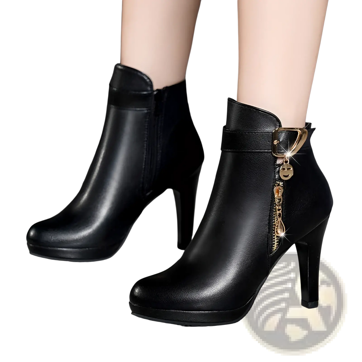 Black Leather Ankle Boots with Gold Buckle Heel