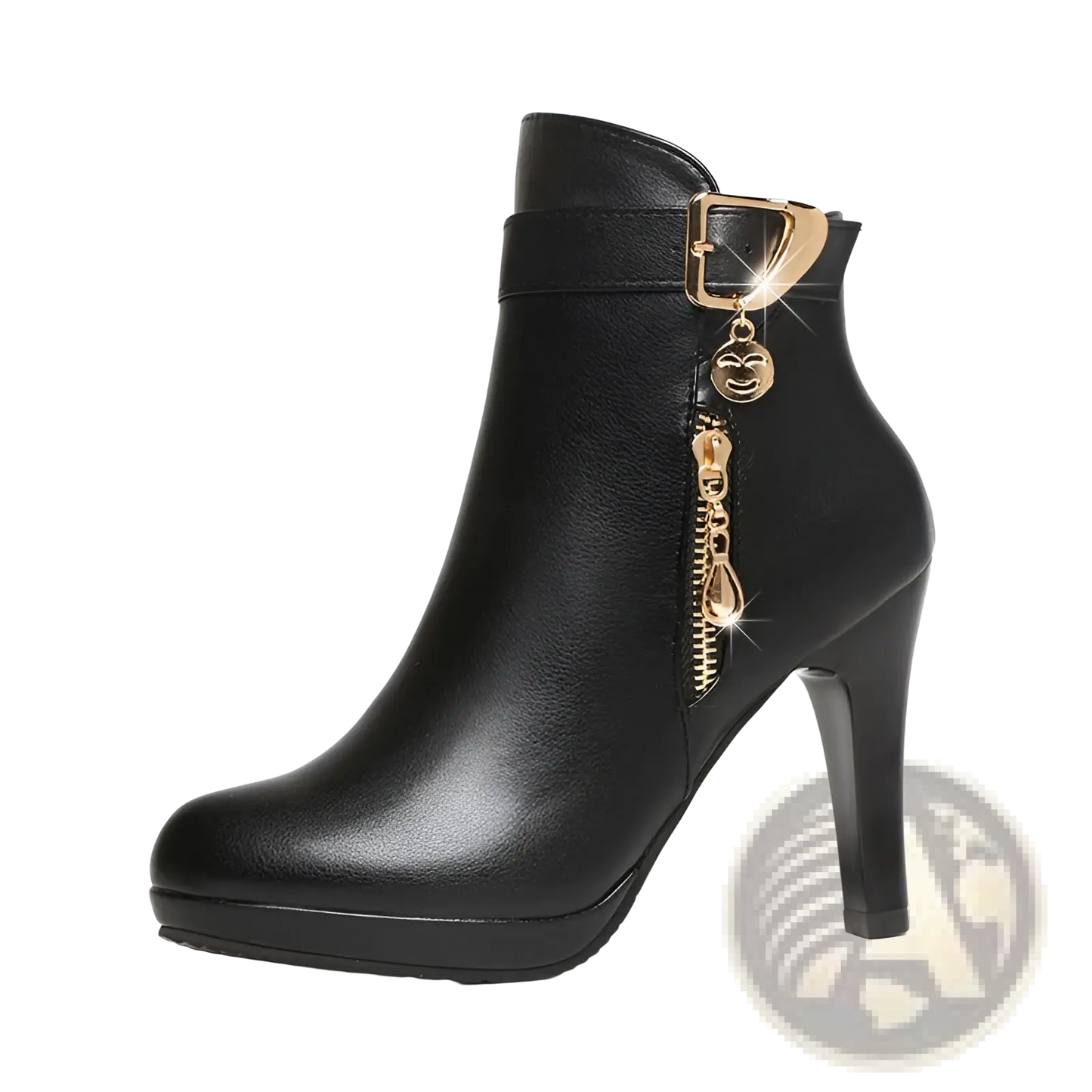 Black Leather Ankle Boots with Gold Buckle Heel