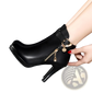 Black Leather Ankle Boots with Gold Buckle Heel
