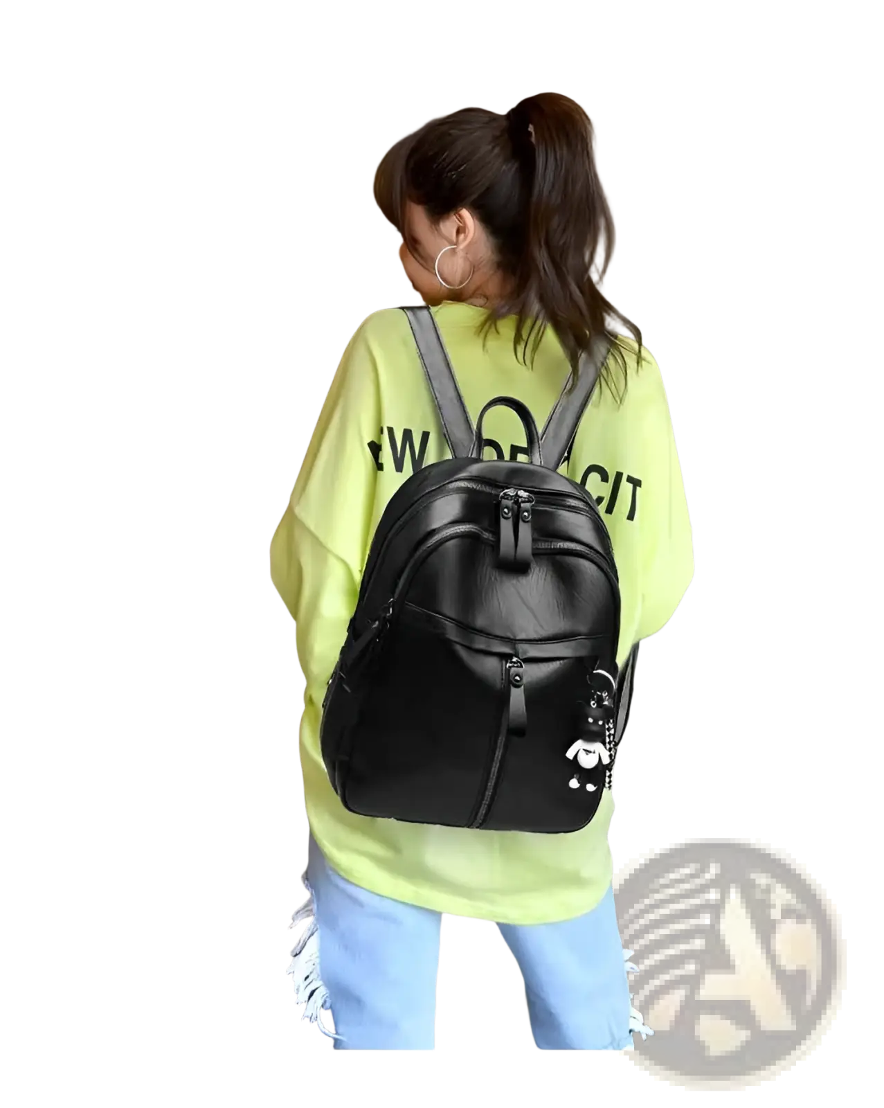 Black Leather School Backpack with Bear Charm