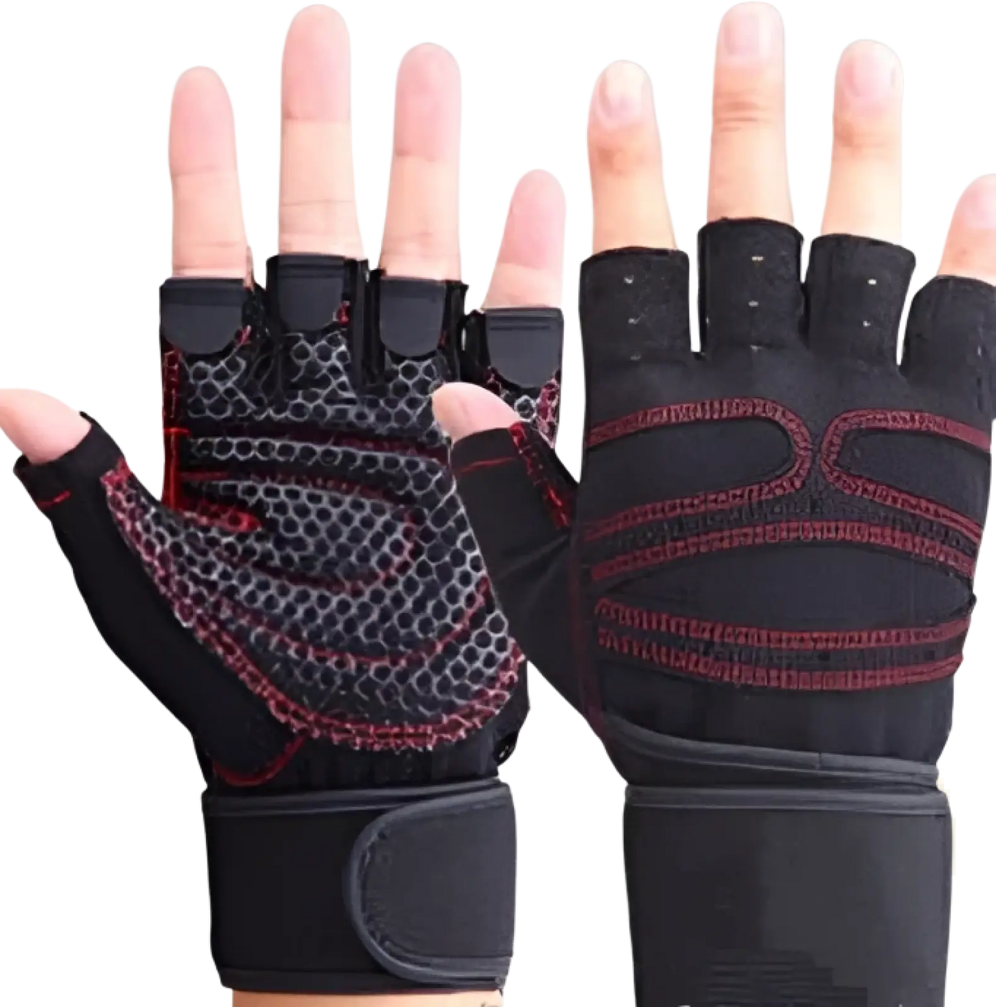 Black and Red Mesh Weightlifting Gloves with Wrist Straps