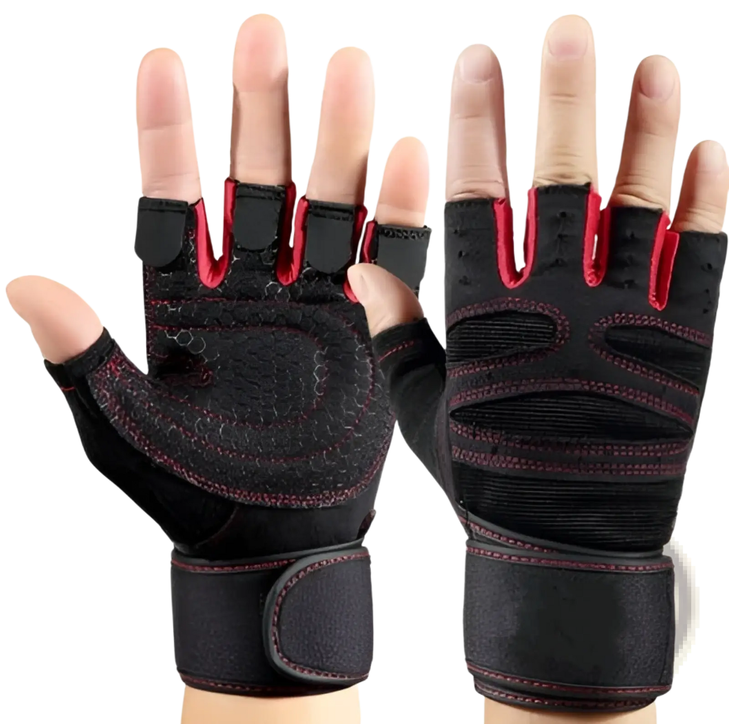 Black and Red Mesh Weightlifting Gloves with Wrist Straps