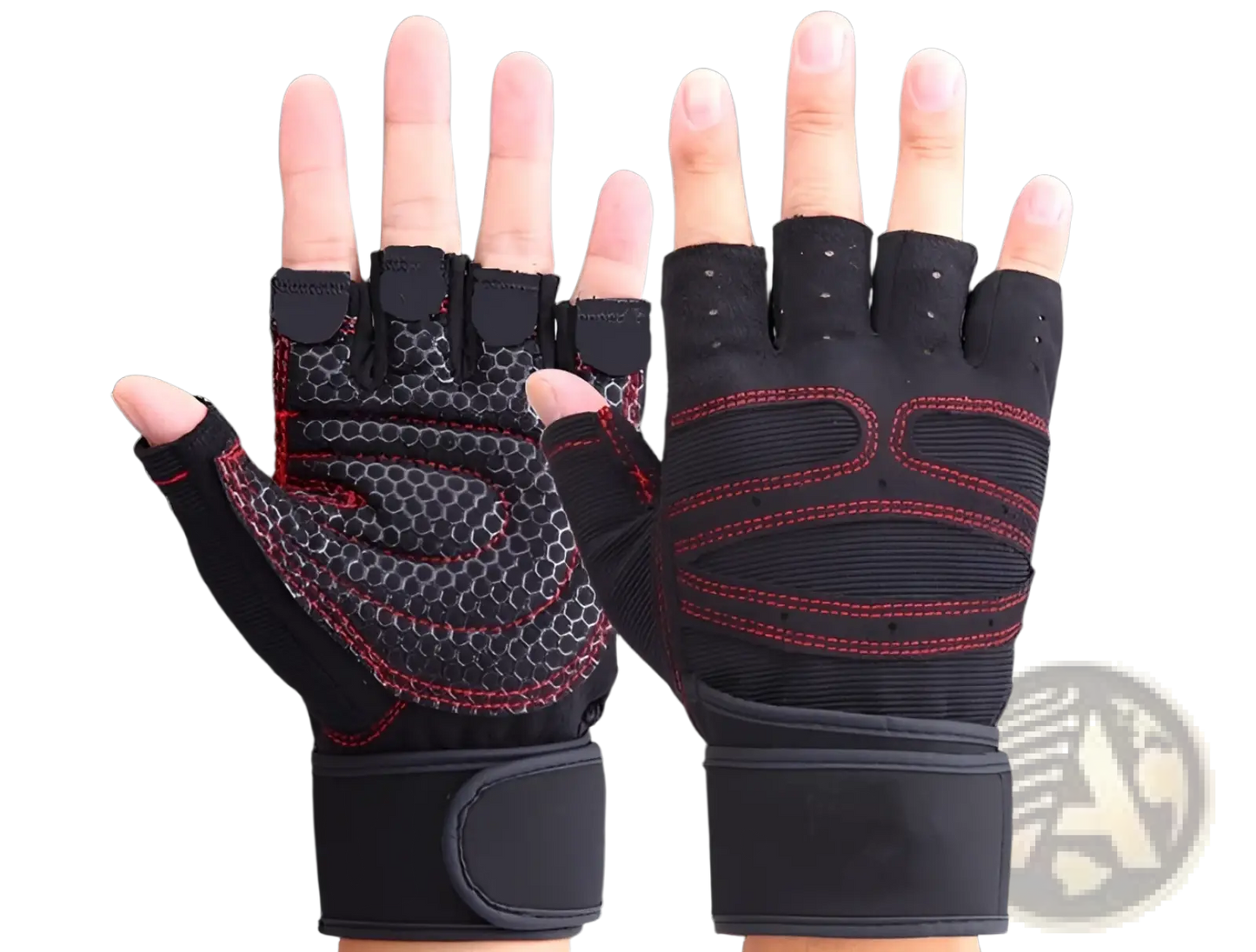 Black and Red Mesh Weightlifting Gloves with Wrist Straps