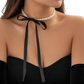Black Satin and Pearl Ribbon Choker Bow Jewelry Set