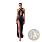 Black Sequined Halter Neck Evening Gown with High Slit