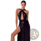 Black Sequined Halter Neck Evening Gown with High Slit