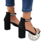 Black Suede Rhinestone Block Heel Sandals