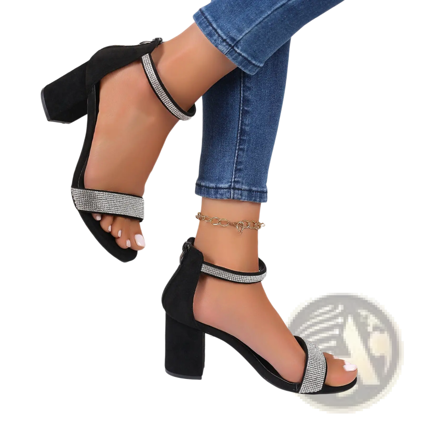 Black Suede Rhinestone Block Heel Sandals