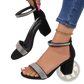 Black Suede Rhinestone Block Heel Sandals