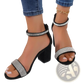 Black Suede Rhinestone Block Heel Sandals