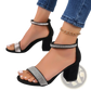 Black Suede Rhinestone Block Heel Sandals