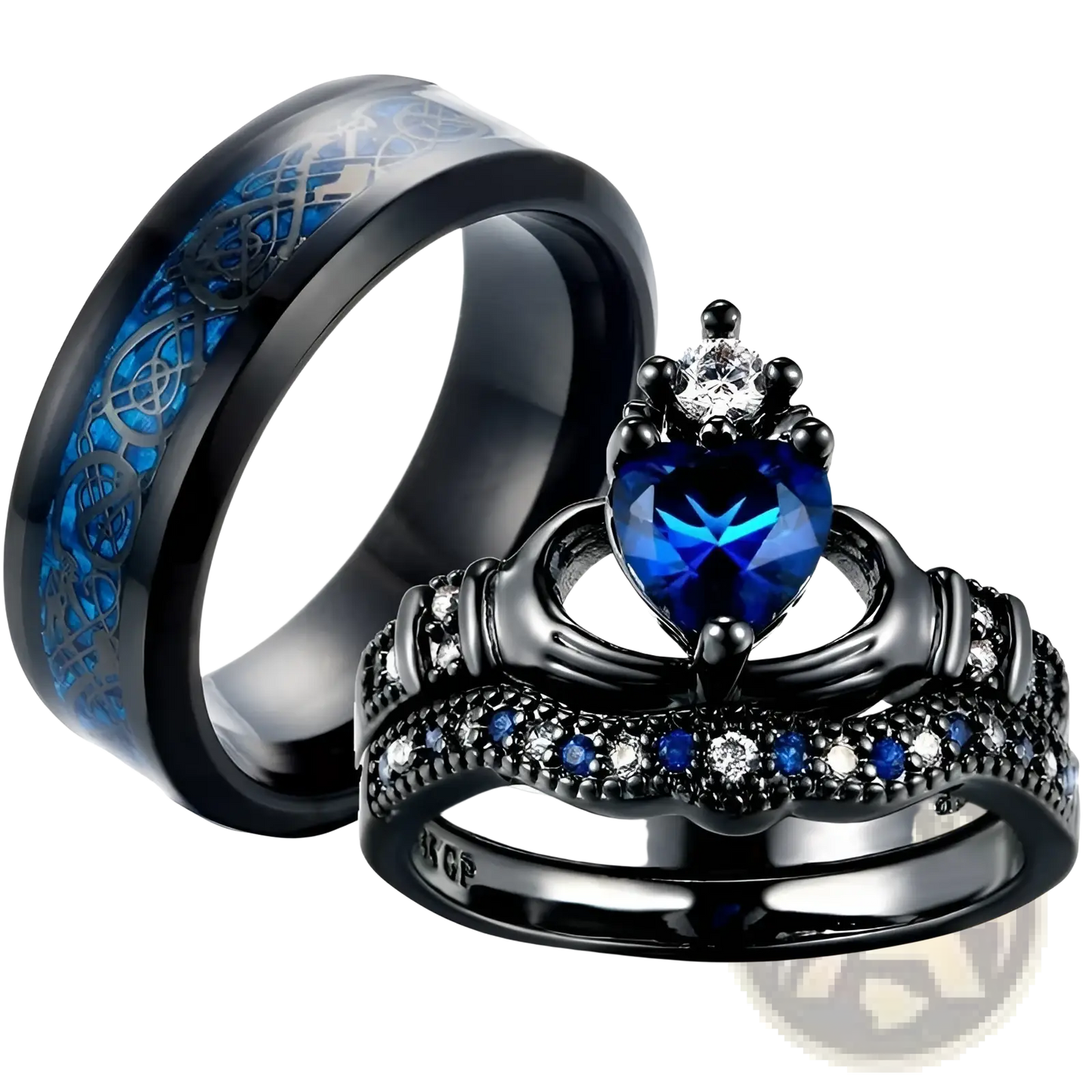 Black Titanium Blue Heart Sapphire Claddagh Wedding Ring Set