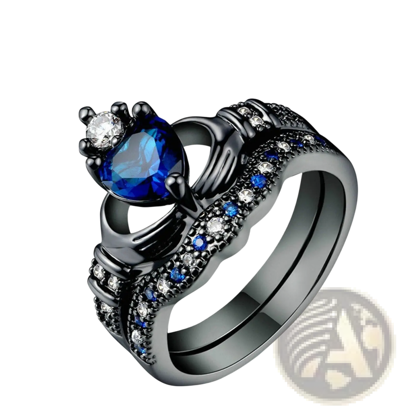 Black Titanium Blue Heart Sapphire Claddagh Wedding Ring Set